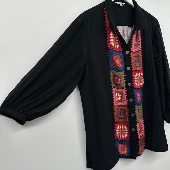 John Mark Top Shirt Size XL Petite Granny Square Crochet Artsy Boho Grunge Indie - Picture 2 of 12